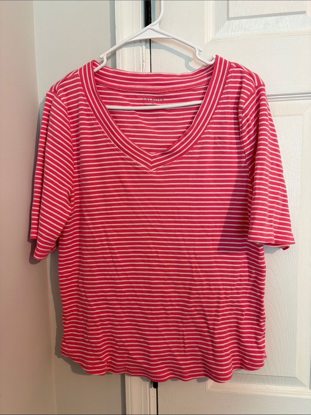 Talbots Pink and White Striped V‑Neck Short Sleeve Top